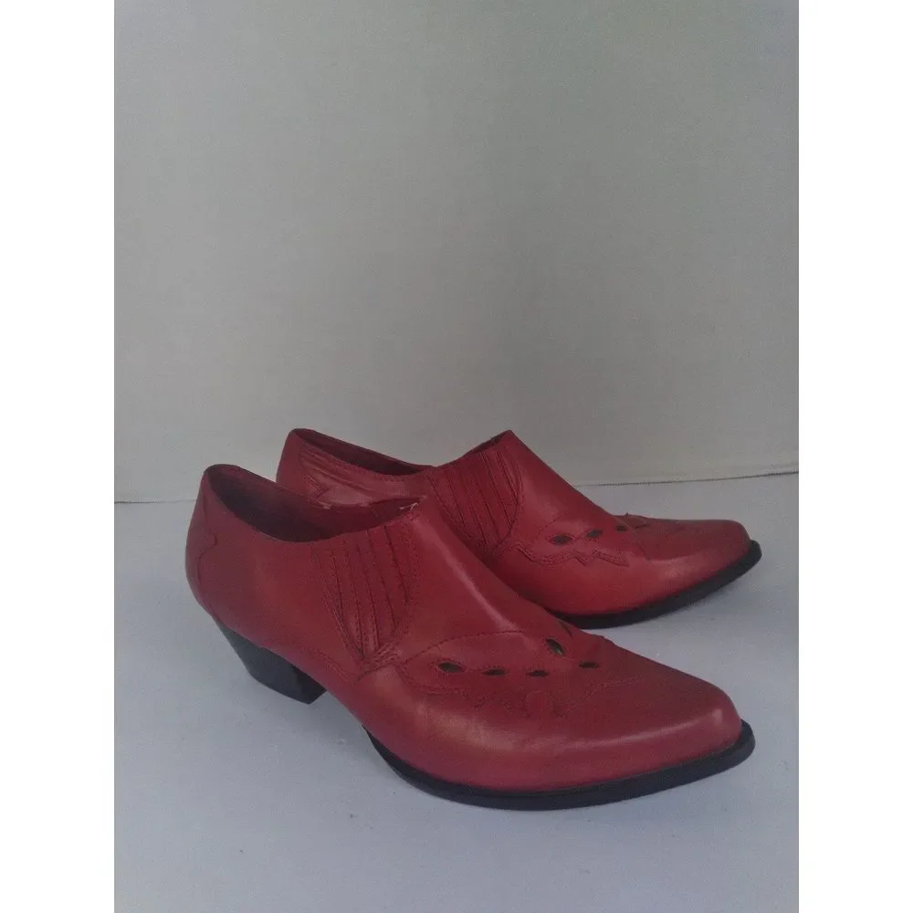 Vintage Red Leather Western Ankle Boots‎ with Cutout Detail Low Cuban Heel